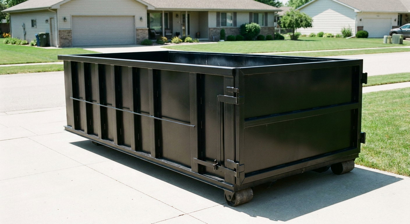 Matte-black 10-yard roll-off dumpster on a residential concrete driveway in Lakeville, uniformly painted matte black across every panel and rail, ribbed steel sidewalls and rear swing door visible, mid-day daylight.