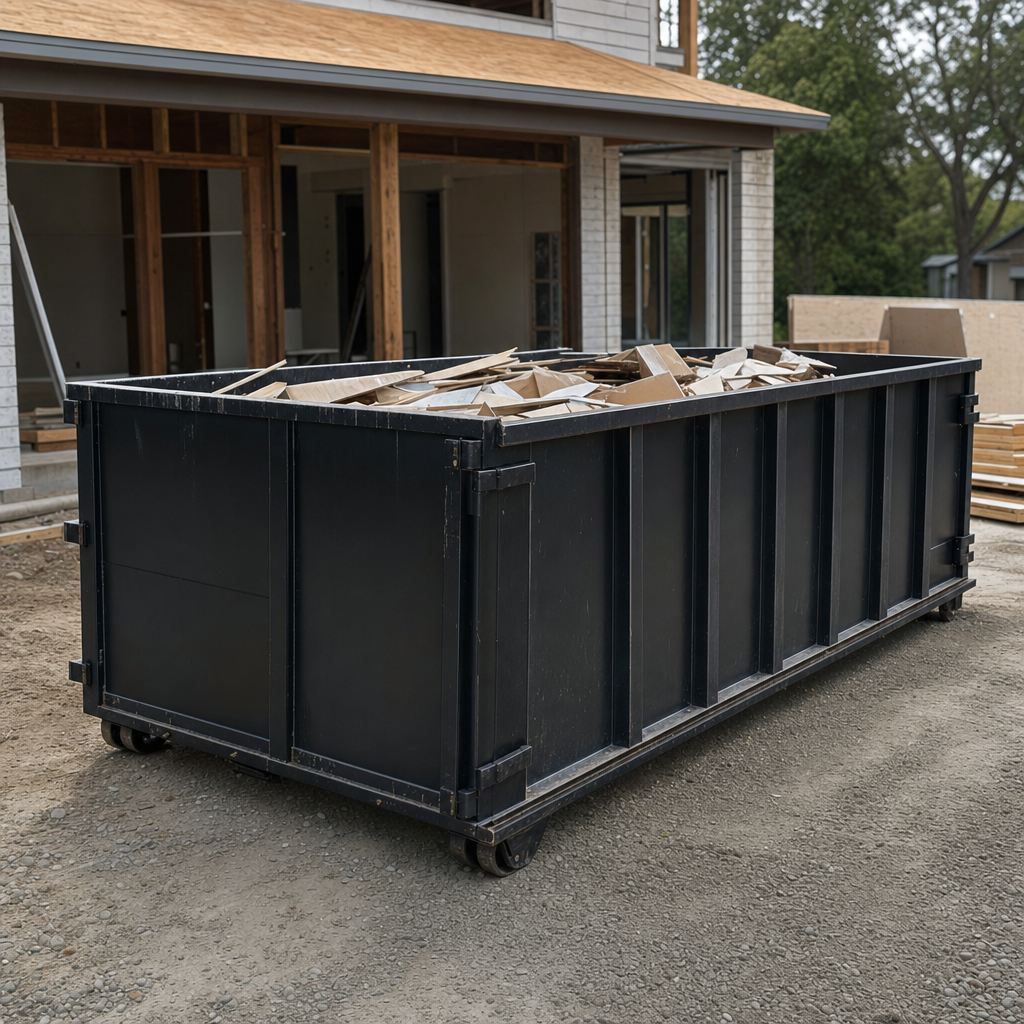 Large matte-black 30-yard construction roll-off dumpster at an active Lakeville jobsite, steel-gray top rails and bottom rollers visible, loaded with construction debris.