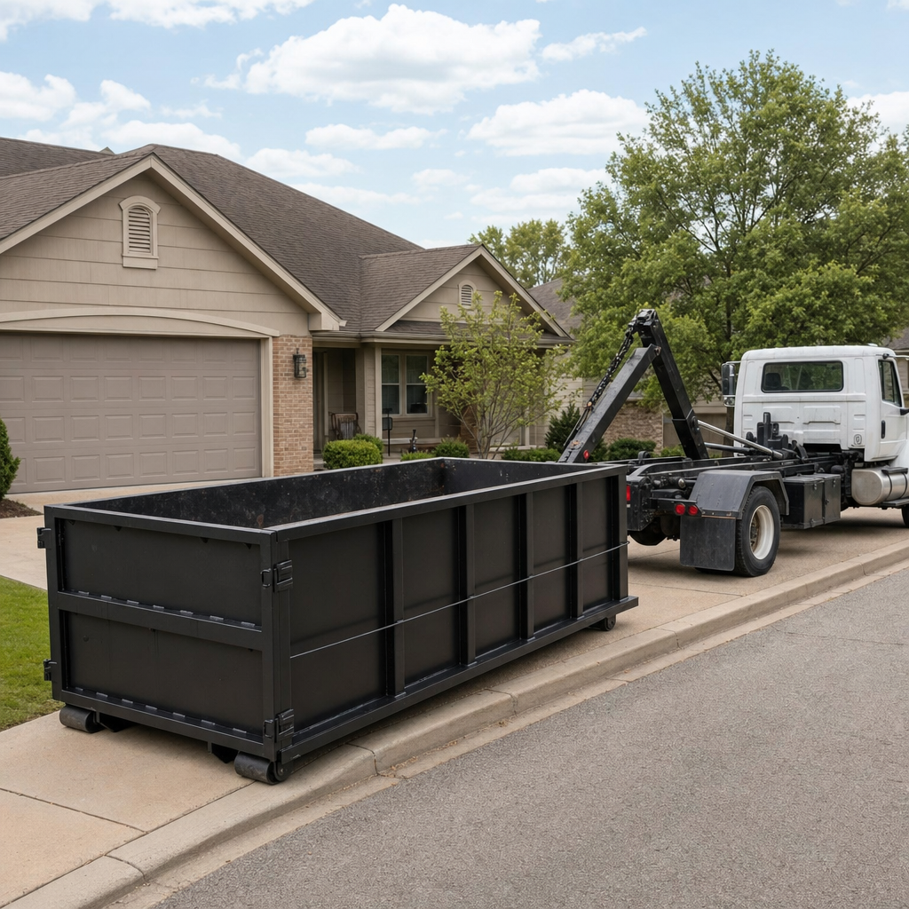 Wide documentary shot of a matte-black roll-off dumpster on a Lakeville residential driveway in the foreground and a contractor jobsite container in the soft-focus background, bright daylight, calm and orderly composition.