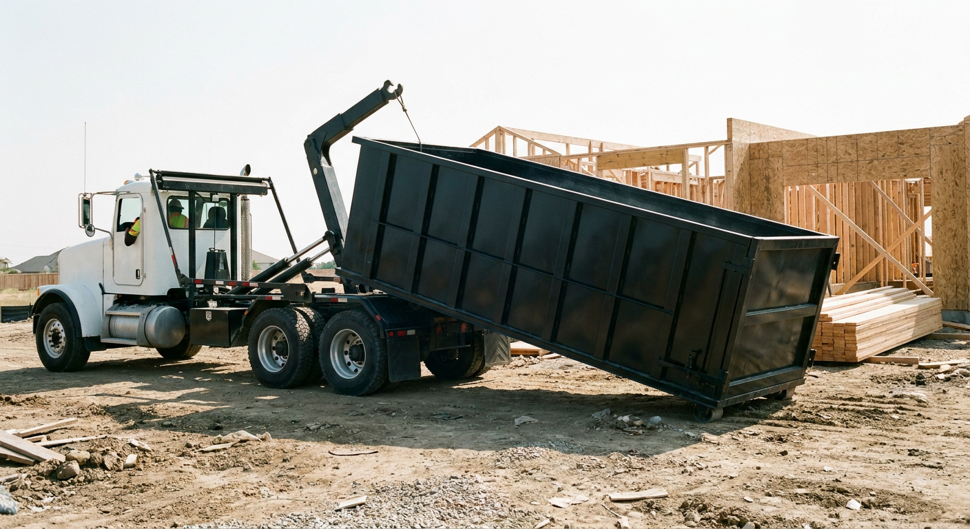 Matte-black roll-off dumpster being delivered onto a clean residential concrete driveway in Lakeville by an unmarked white hooklift hauler truck, bright morning daylight, documentary 35mm perspective.